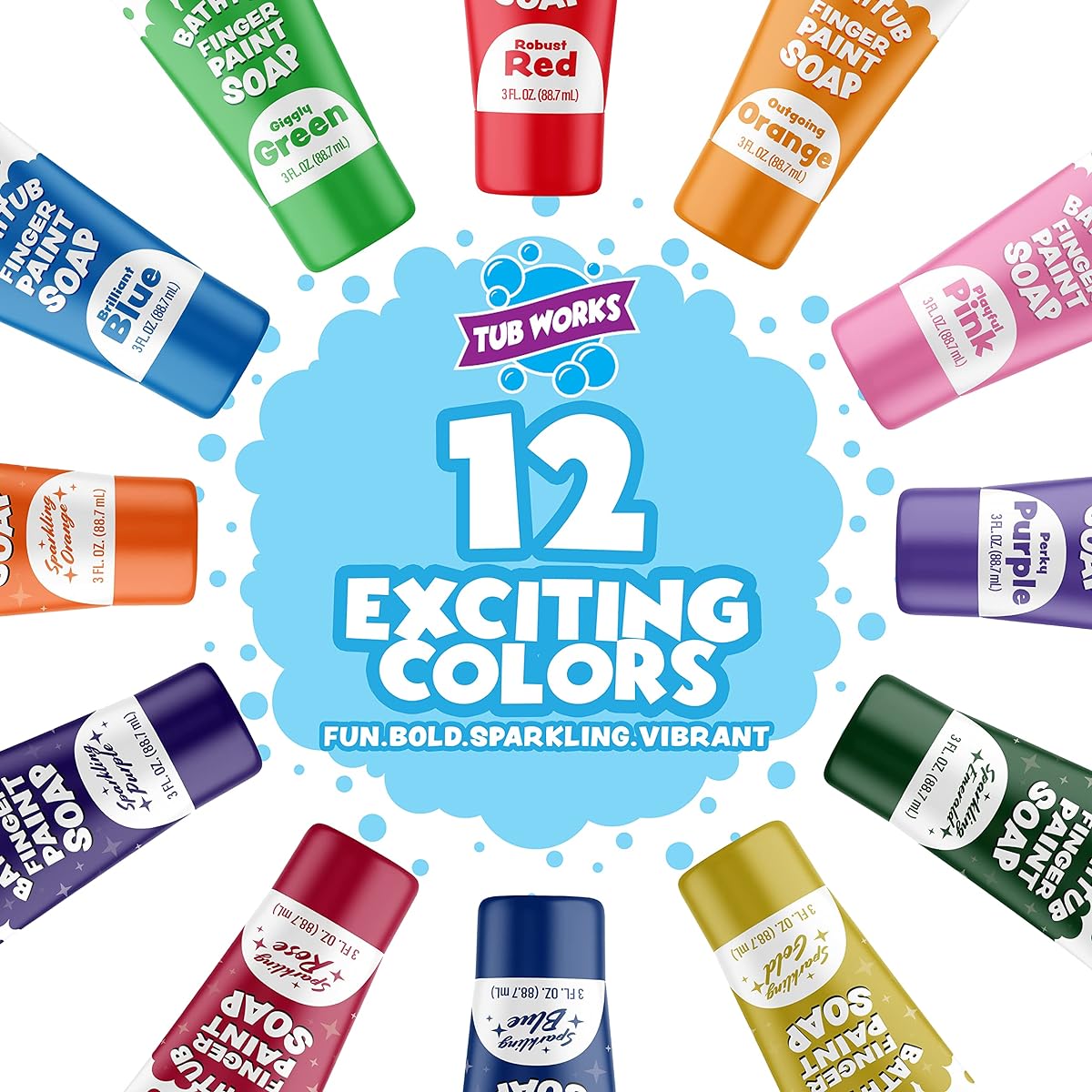 Tub Works Bathtub Finger Paint Soap 12-Pack | Non-Toxic Washable Bath Paint for Toddlers & Kids | Ideal Toddler Bath Toy for Creative Play | Easy-Clean Kids Soap for Kids Bath