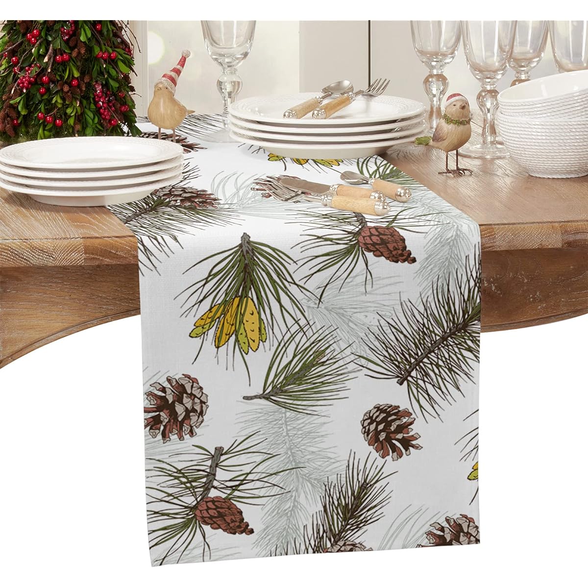 Cartoon Pine Cone Leaves Table Runner Cotton Linen 13" x 36" Long Dresser Scarf Christmas White for Kitchen/Coffee/Dining/End Table/Bedroom/Home Living Room/Scarf Decor