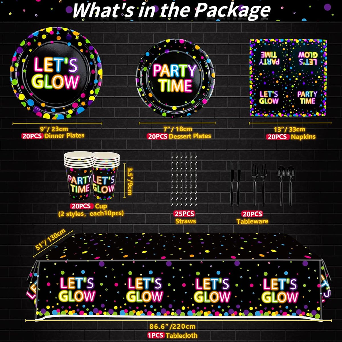 458pcs Glow in the Dark Party Supplies - Glow in the Dark Balloons, Banners, Glow Sticks, Tableware, Tablecloths, Party Supplies, Black Light, Neon Party Decorations, 20pcs