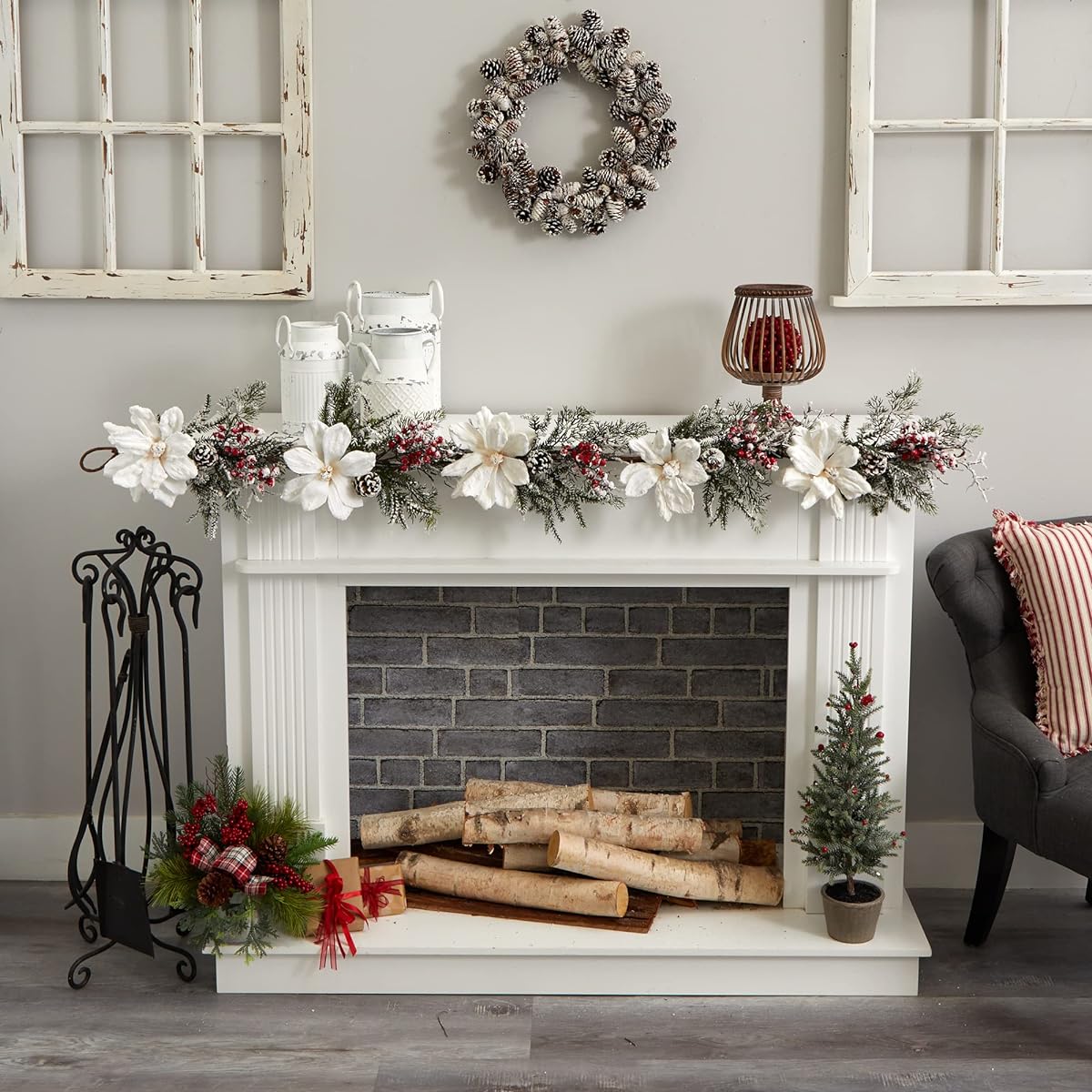 Nearly Natural Magnolia & Berry 60" Frosted Magnolia & Berry Artificial Garland White/Green