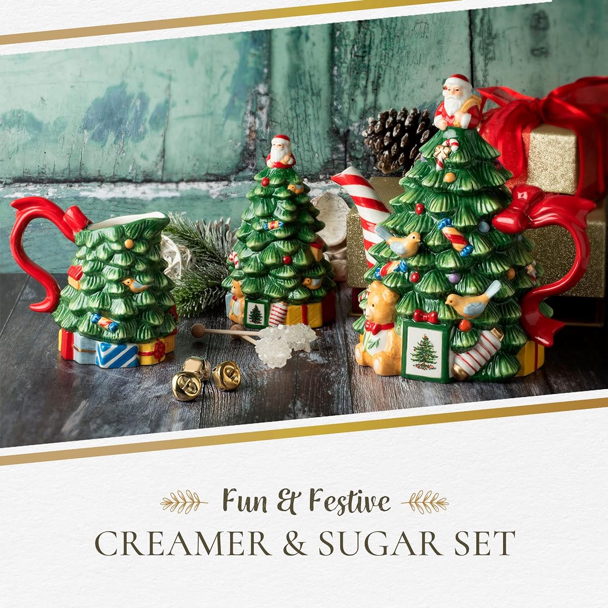 Spode - Christmas Tree Collection - Sugar & Creamer Set - 6 oz Capacity - Clay Pot - Dishwasher & Microwave Safe