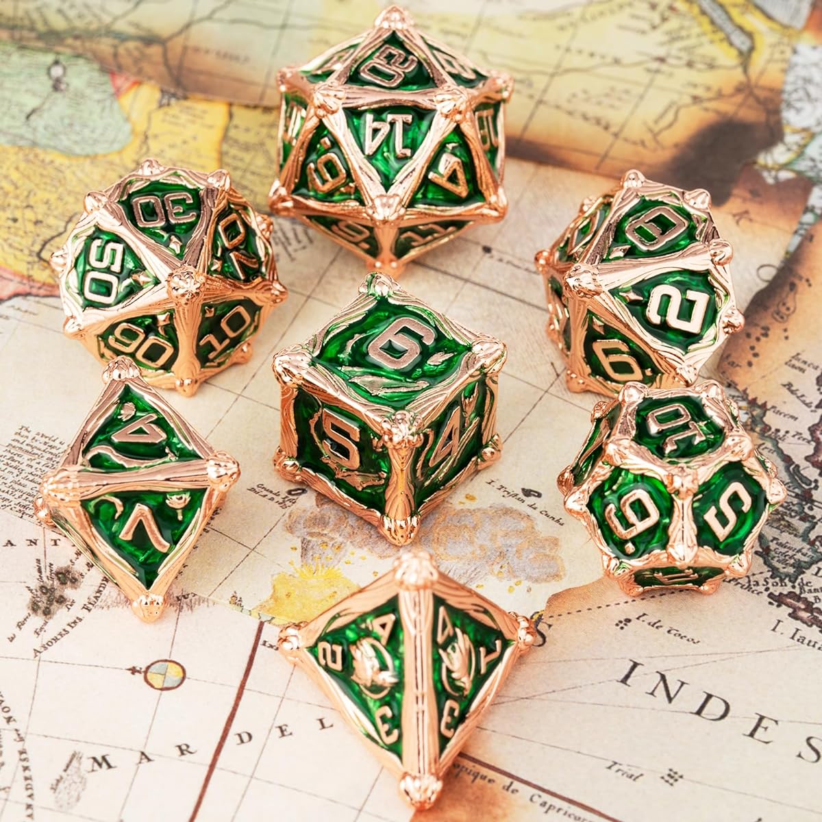 Surpass DND Dice Set Metal Dice Set Polyhedral Dice Set for Dungeons & Dragons RPG MTG Pathfinder Table Game D&D 7-Piece Dice Set Board Game Metal Dice Set D&D Gold (Green)