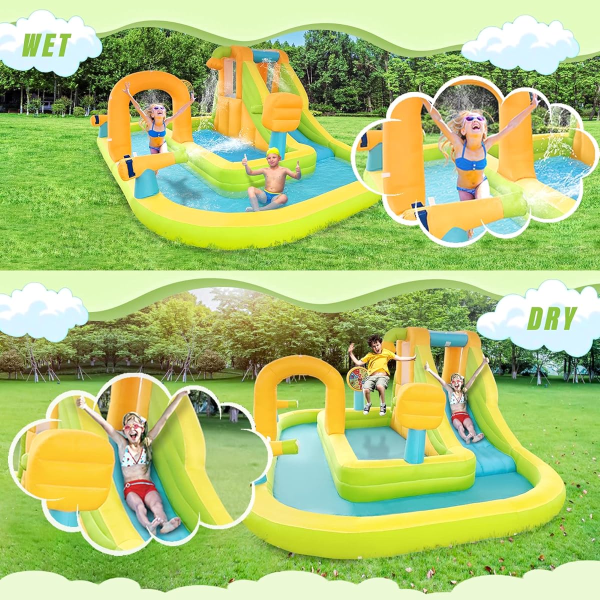 ABYSUP Bounce House with Water Slide 8 in 1 Water Slide Park for Backyard Inflatable Water Slide Wet & Dry Blower Climbing Wall Splash Pool Water Cannon (177x118x65 inches)