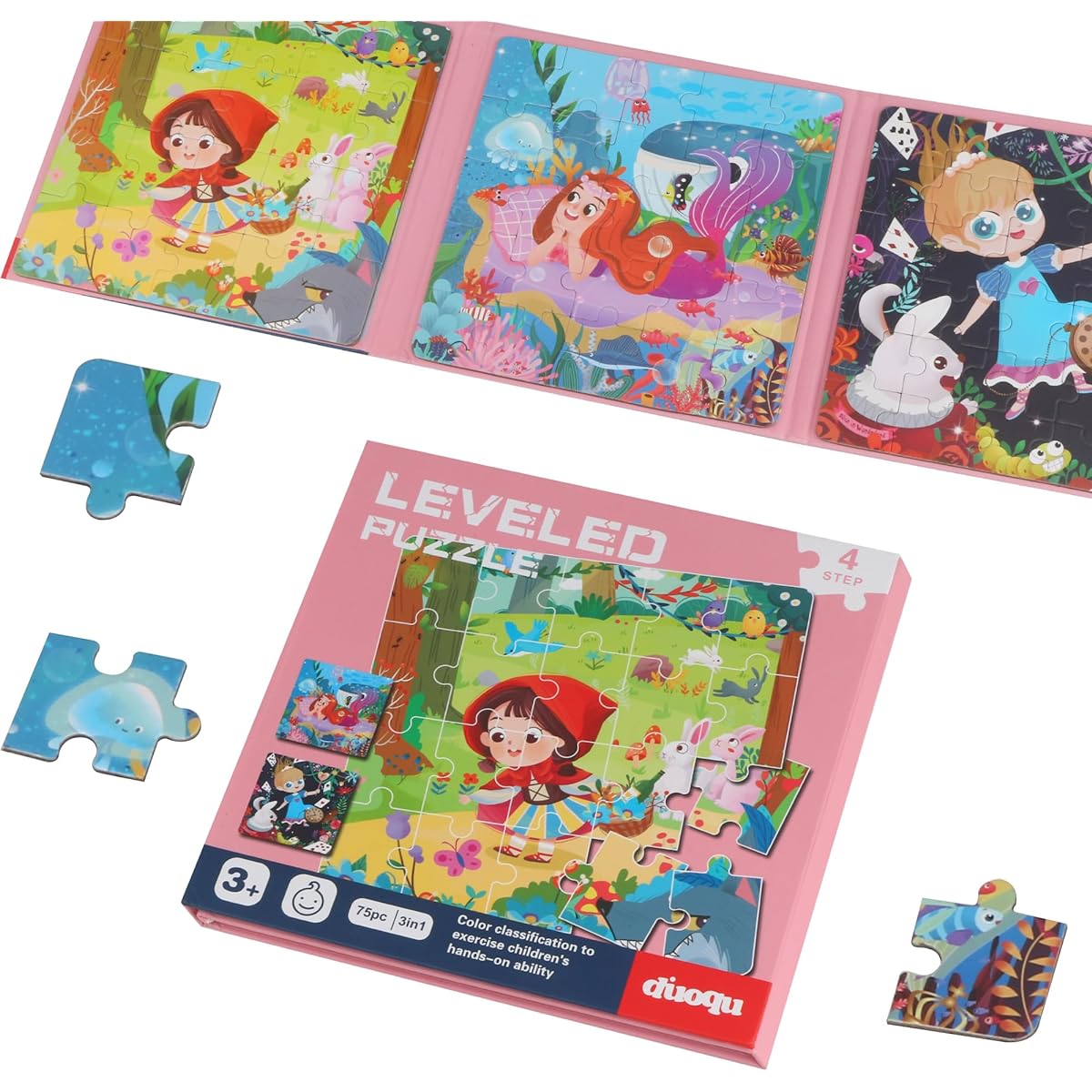 Magnetic Puzzle Kids Book Fairy Tale Dinosaur Animal Theme Wooden Jigsaw Set for Ages 3 4 5 6 Years Travel Toy Gift Preschool Learning Boys Girls (Fairy Tale)