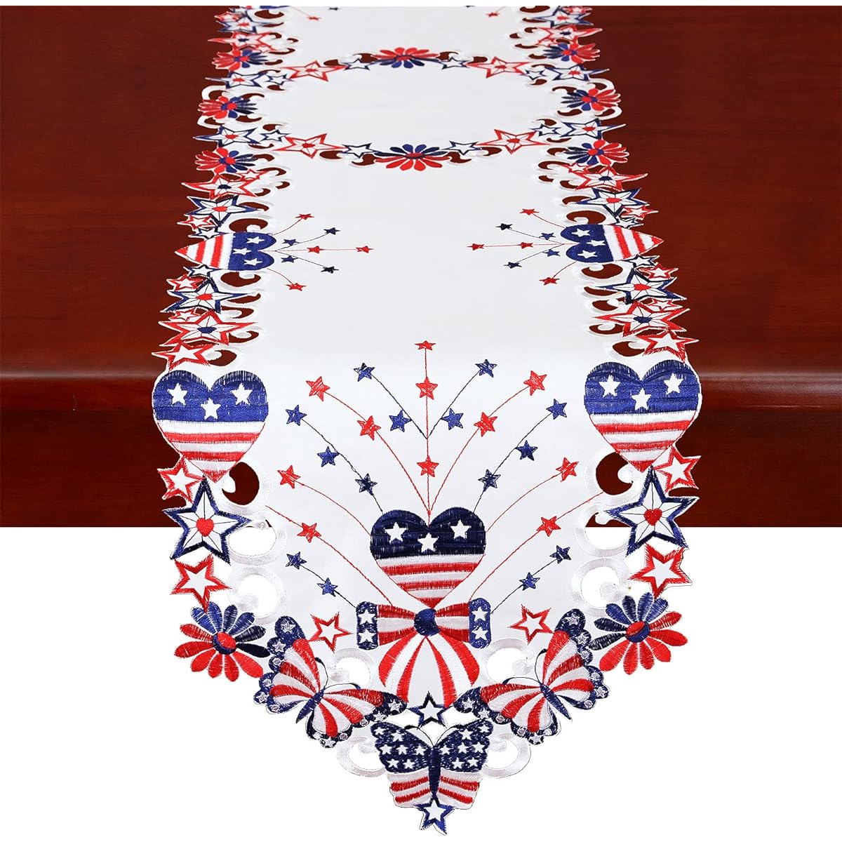 Simhomsen 4th of July Holiday Patriotic Table Runner American Independence Day Memorial Day Embroidered Stars and Butterflies (14" x 90")