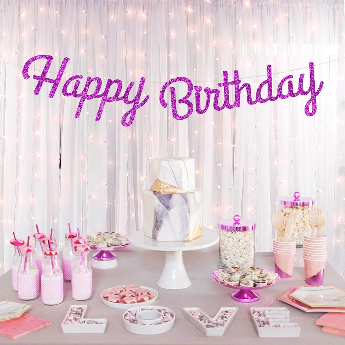 Apluselection Extra Large Glitter Purple Happy Birthday Banner, Elegant Sign In Script Reusable Paper Garland for Men Women Kids Adults Violet Party Decorations Supplies (XXL-Glitter Purple)
