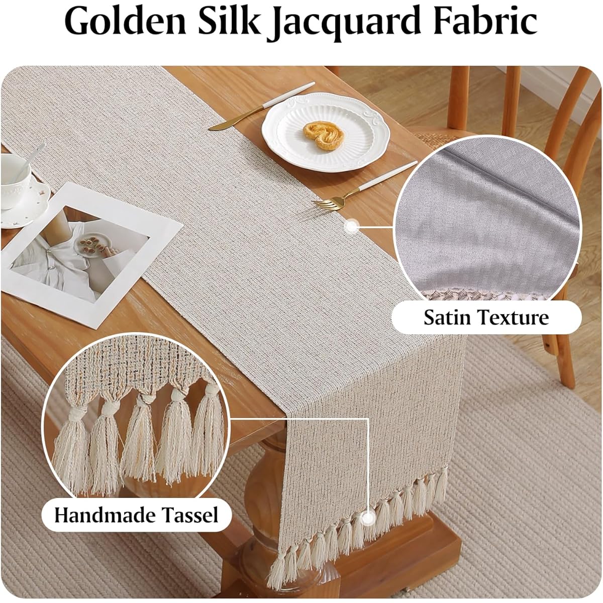 HADEEONG Table Runner Beige Boho Table Runner Handmade Tassel Embroidered Jacquard Linen Table Runner 72" Long for Coffee/Dining Table Decoration 13 x 72" Beige
