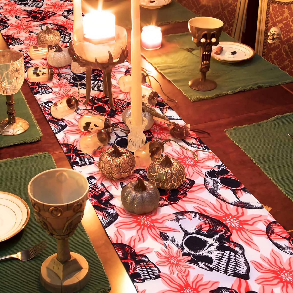VXTRRI Halloween Floral Skull Table Runner, Day of the Dead Table Runner for Halloween Thanksgiving Birthday Table Dining Tabletop Indoor Outdoor Home Decoration 71 x 14 Inch