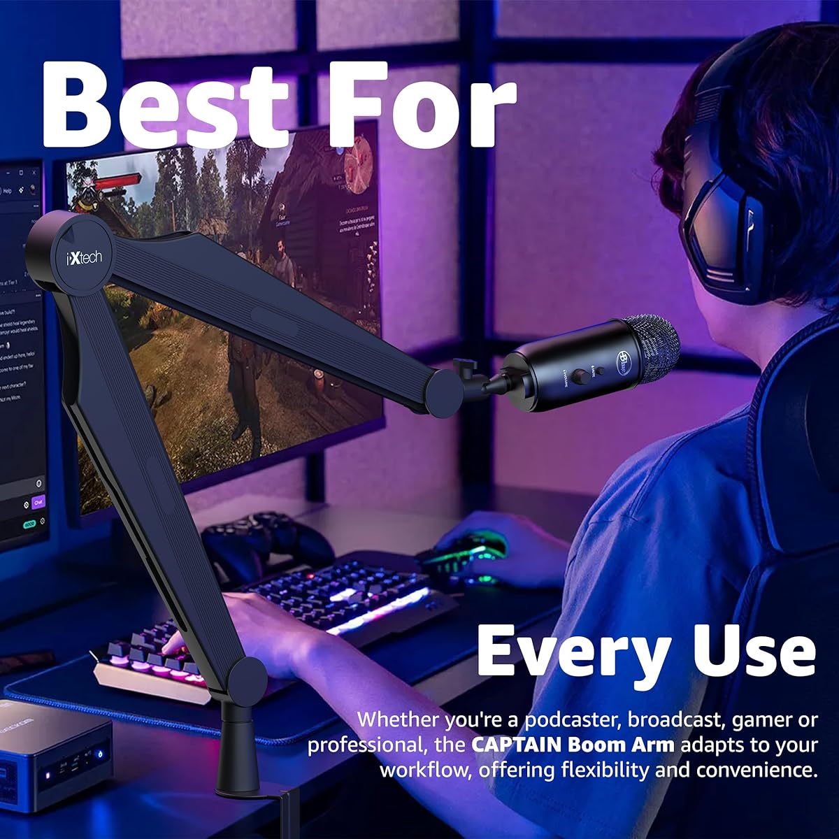IXTECH Microphone Boom Arm Microphone Arm for Blue Yeti Shure Sm7b Hyperx QuadCast Rode At2020 Fifine Microphone Stand for Gaming Podcasting and Streaming Captain Model