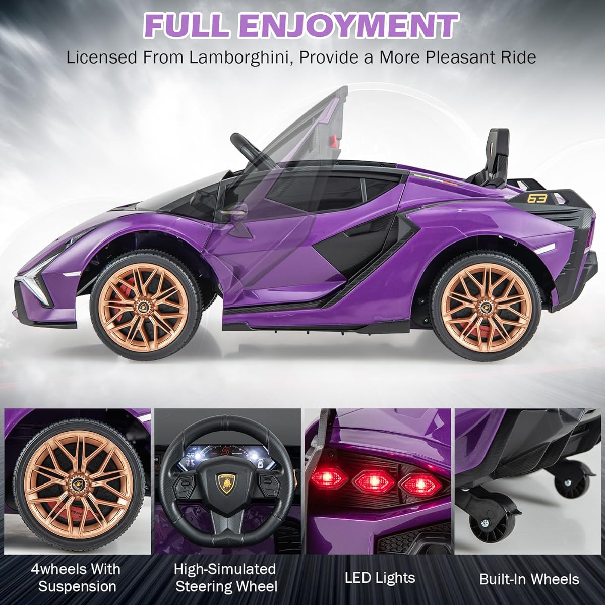 INFANS 12V Licensed Lamborghini Sian Kids Ride On with Parent Remote Spring Suspension MP3 Player Electric Toy Roadster Carbon Fiber Texture for Toddlers (Purple)