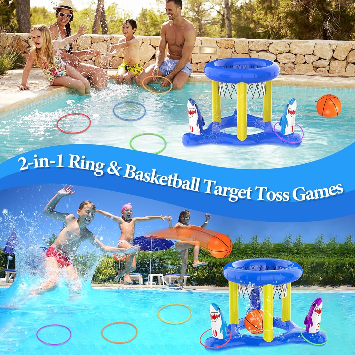 Dokeawo 2-in-1 Pool Float Toy Set, Inflatable Floating Pool Basketball Hoop & Ring Toss Pool Toys for Kids Teens Adults Family Summer Outdoor Swimming Party Pool Games