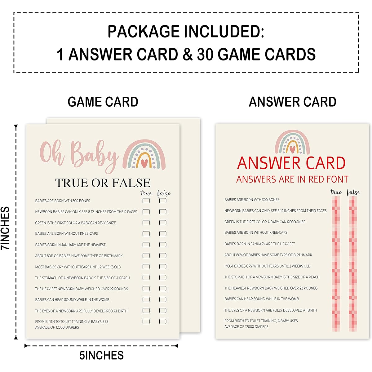 BBYXC-a004 5 x 7 inch Boho Rainbow Baby Shower Game - Oh Baby True or False Game - Includes 1 Answer Card - Gender Reveal Party Supplies