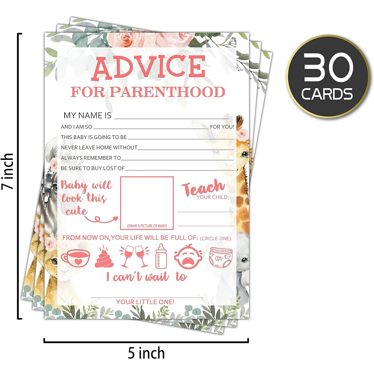 Advice For Parenthood Baby Shower, Jungle Animal Newborn Baby Party Supplies, New Parents Message Advice Book Mommy Daddy to Be Favors Party Favors Supplies Decorations - 30 Game Cards(bb002-yx13)