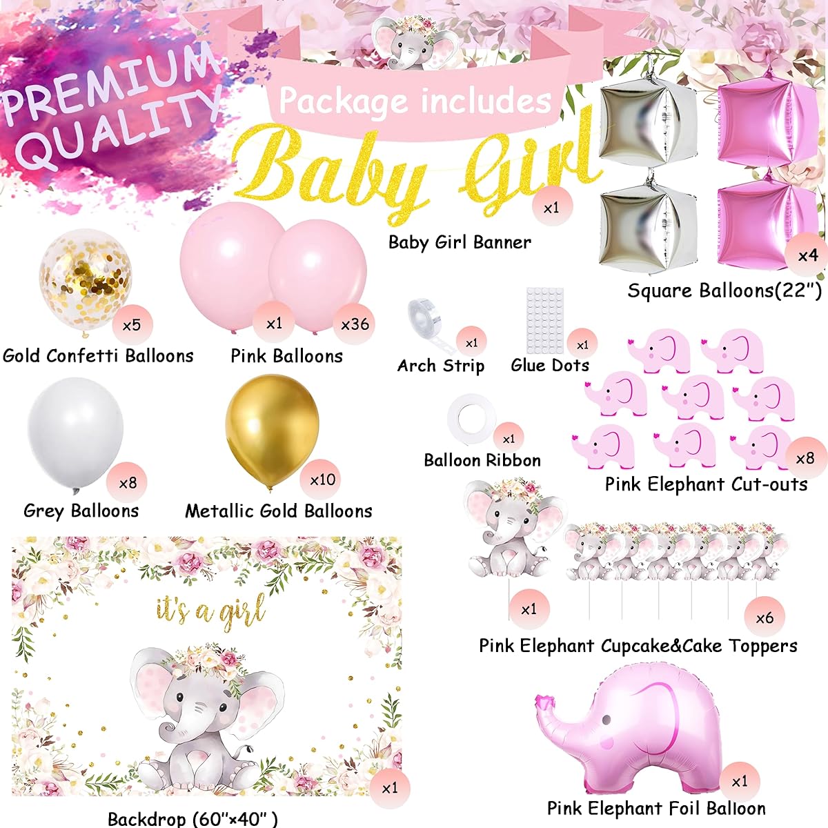 Baby Shower Party Supplies Girl Decorations - Baby Girl Banner, Latex Balloons, Square Balloons, Elephant Foil Balloons, Pink Elephant Cutouts, Toppers, Backdrop for Baby Shower Birthday Party