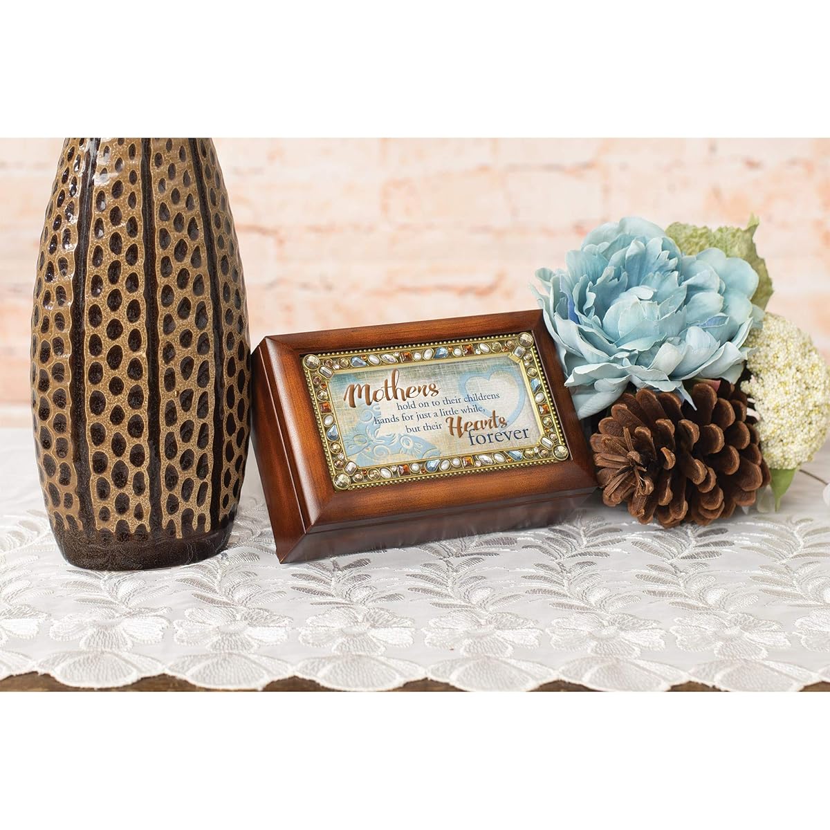 Mothers Hold Hands Heart Forever Jeweled Wood Grain Petite Music Box Plays Wind Beneath My Wings