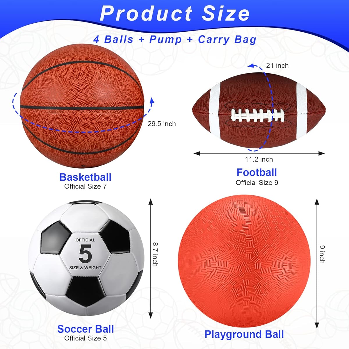 Lenwen 4 Piece Sports Ball Set with Pump and Equipment Bag Official Size 7 Basketball Size 5 Soccer Ball Size 9 Football Playground Ball Outdoor Indoor Kids Teen Adult Sports Gift