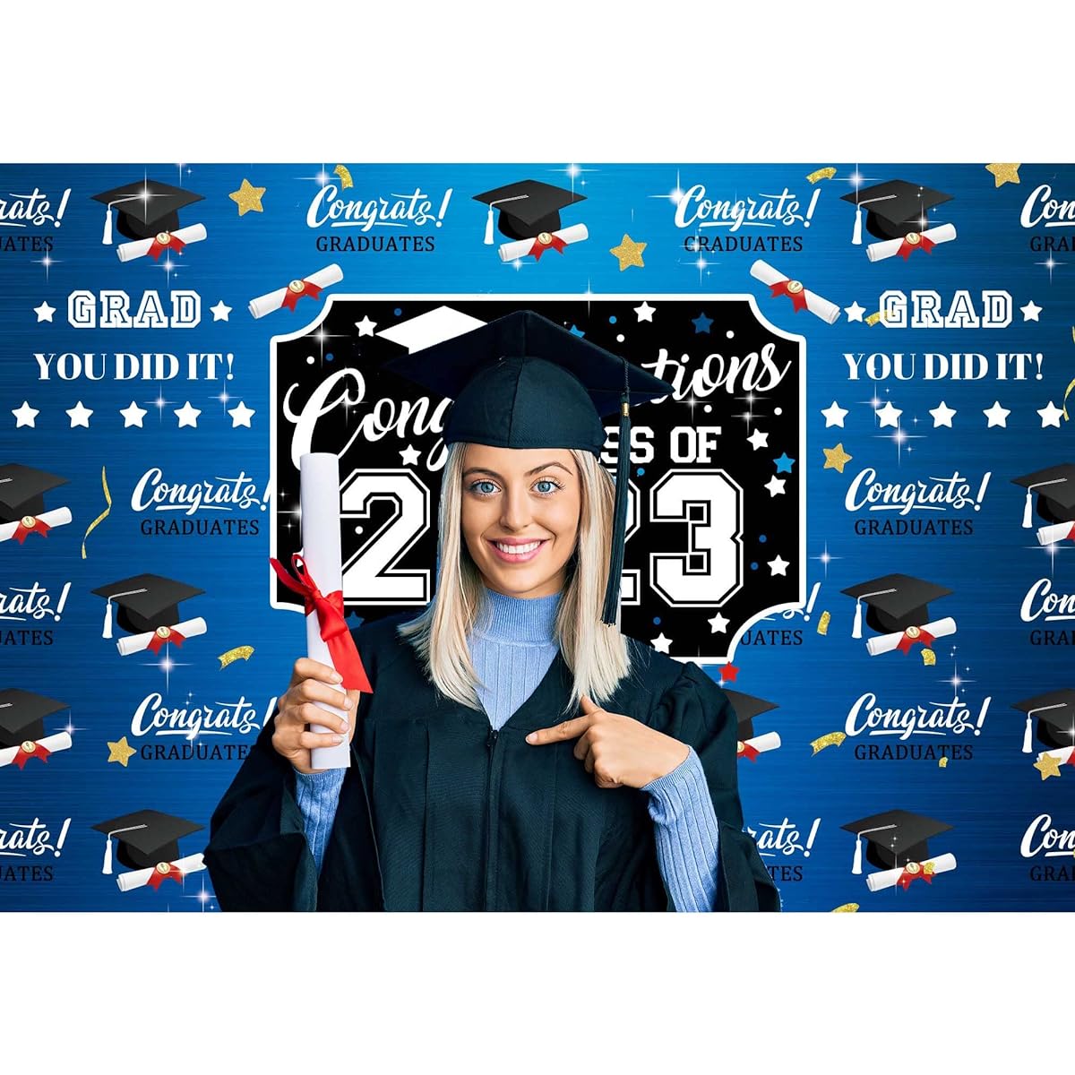 Negeek Fabric 7x5ft Class of 2023 Graduation Class Backdrop Black and Blue Bachelor Cap Decoration Prom Party Portrait Photo Booth Props Banner Photography Backdrop