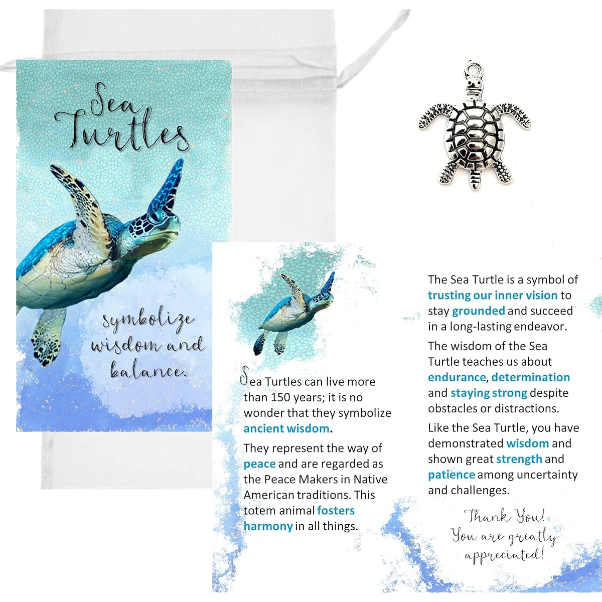 Smiling Wisdom - Bulk 30 - Appreciation Gift Set - Sea Turtle Gifts - Greeting Cards with Wisdom and Perseverance Messages - Employees, Students, Caregivers, Hospice, Volunteers - Antique Silver Turtles