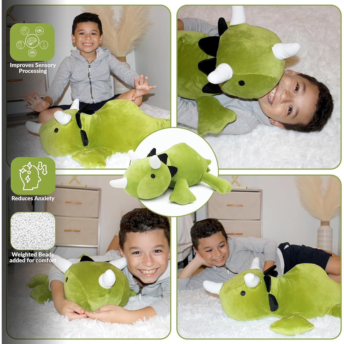 ALOHABLISS Weighted Dinosaur Plush 3.5 lbs - For ages 5 and up - Soft and Cuddly Stuffed Animal - 23.6" Throw Pillow for Relaxation - Green