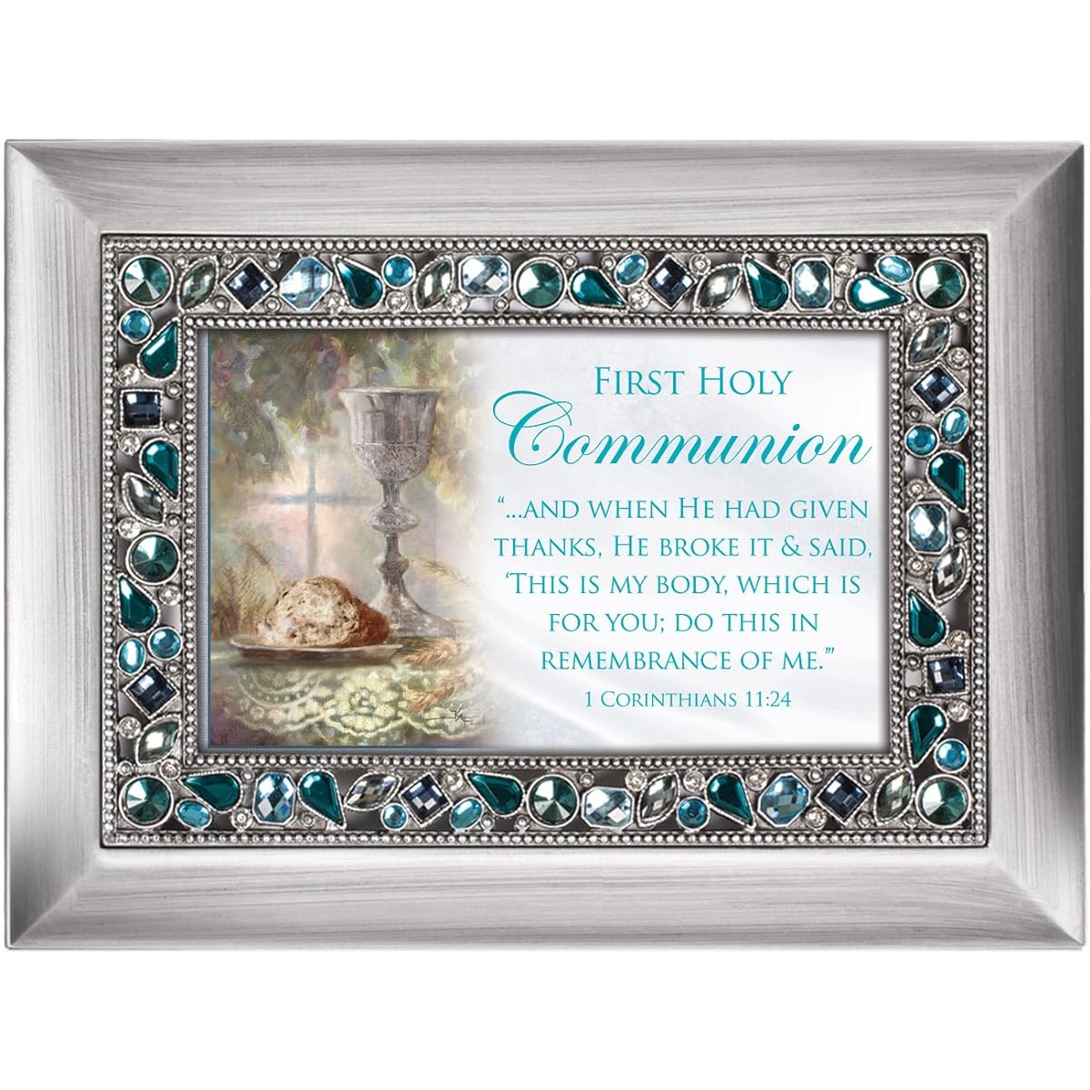 Cottage Garden First Communion Brushed Silver Finish Jeweled Lid Jewelry Music Box Ave Maria Song