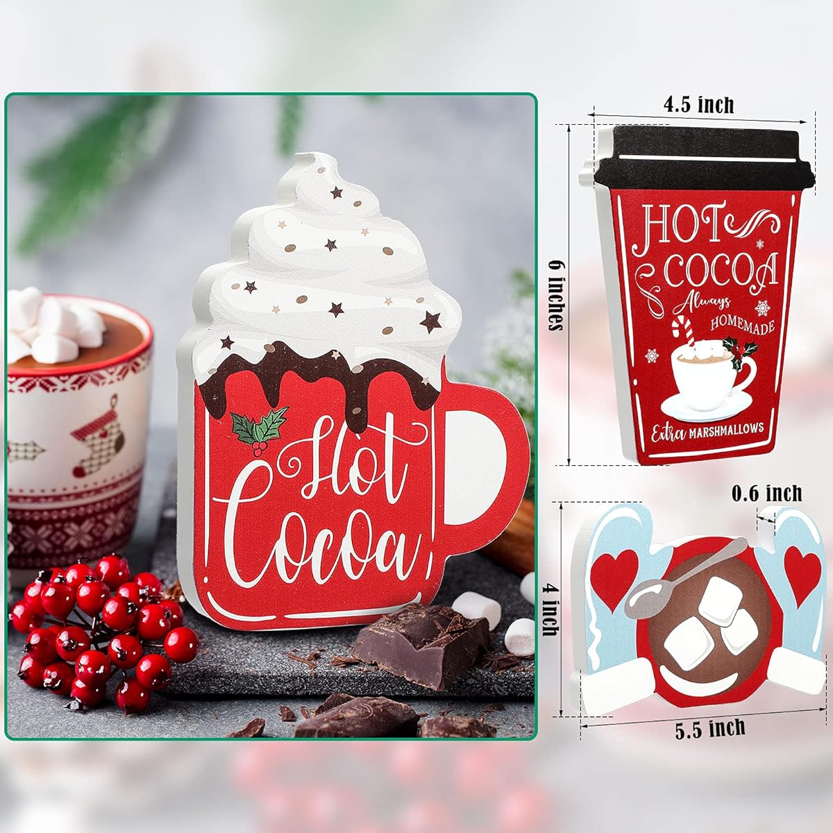 4 Pieces Christmas Hot Cocoa Tiered Tray Decorative Christmas Wood Sign Hot Cocoa Decor Warm Winter Tabletop Wood Block Sign Gingerbread Man Candy Holiday Table Centerpiece (Classic Style)