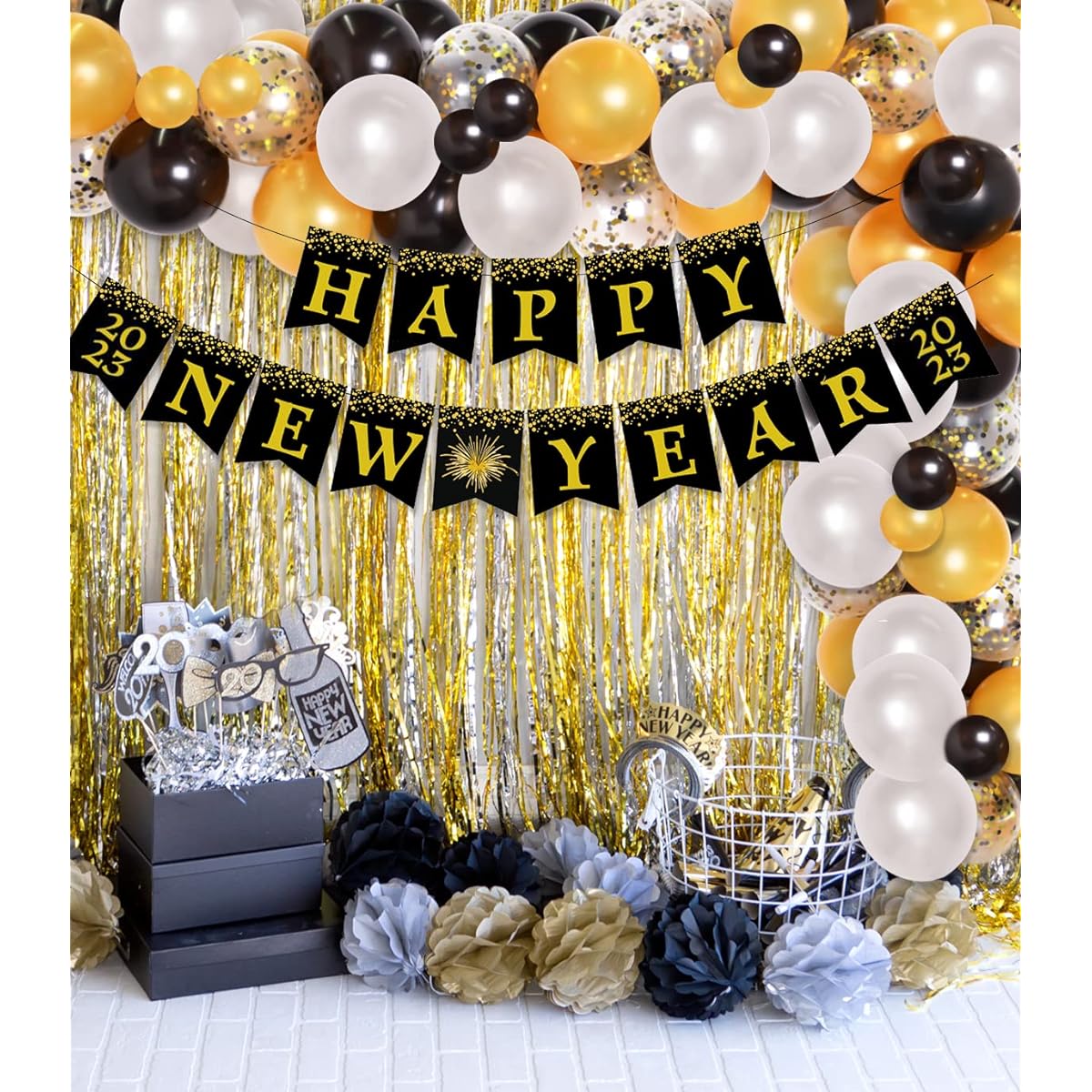 Happy New Year Decoration Supplies 2021 Black and Gold Balloon Garland Tinsel Foil Curtain with 2 Happy New Year Banners