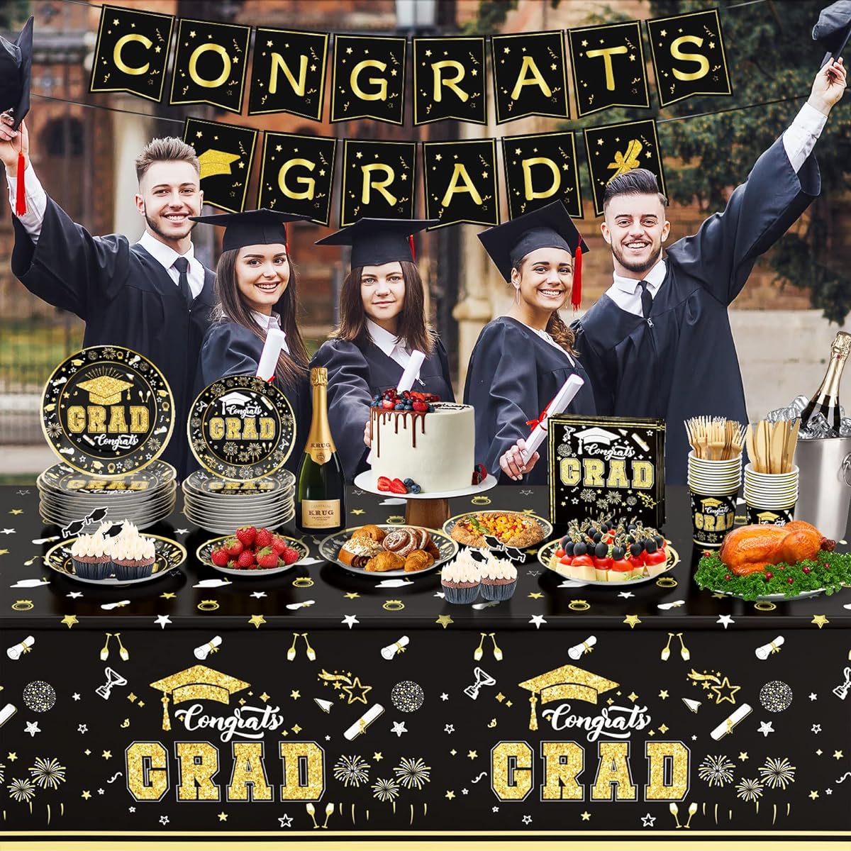 Graduation Decorations 2023 Graduation Party Supplies Disposable Paper Plates Napkins Cups Tablecloth Banner Tableware Set College High School Graduation Party Decorations 24