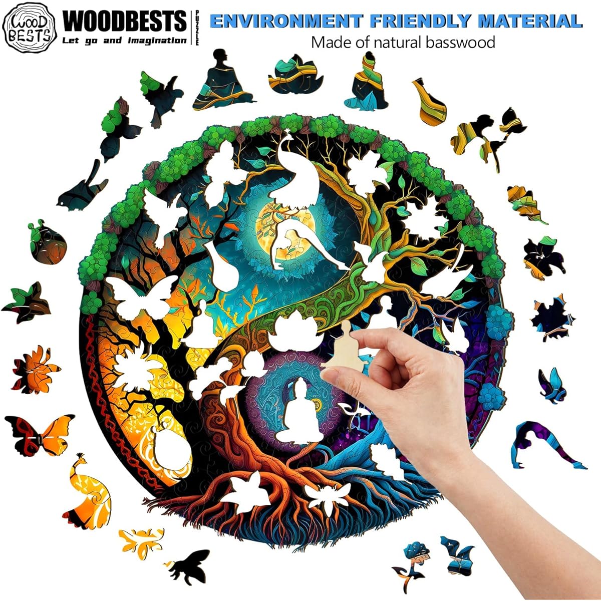 WOODBESTS Yin Yang Tree of Life Puzzle for Adults Wooden Puzzle Large 300 Pieces 13.8" x 13.8" Beautiful Wooden Box Wooden Jigsaw Puzzle Shape Birthday Gift for Adults and Kids Family Game
