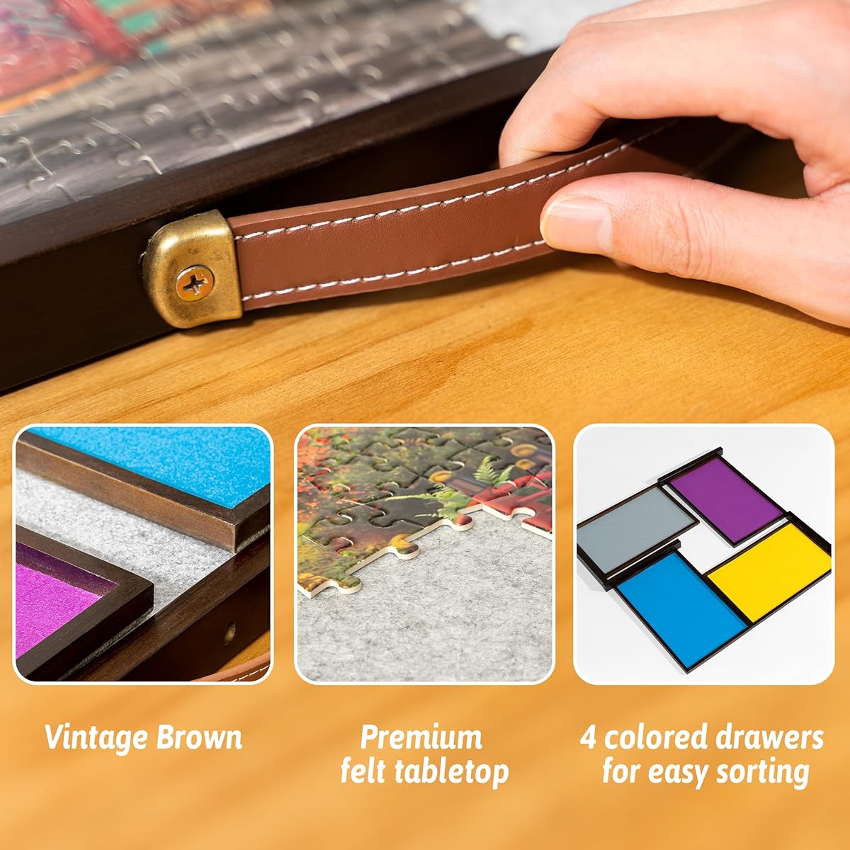 Tektalk One Piece Frame Design Jigsaw Puzzle Board with PU Handle, Portable Wooden Table with Drawer & Cover for 1000 Piece Jigsaw Puzzles