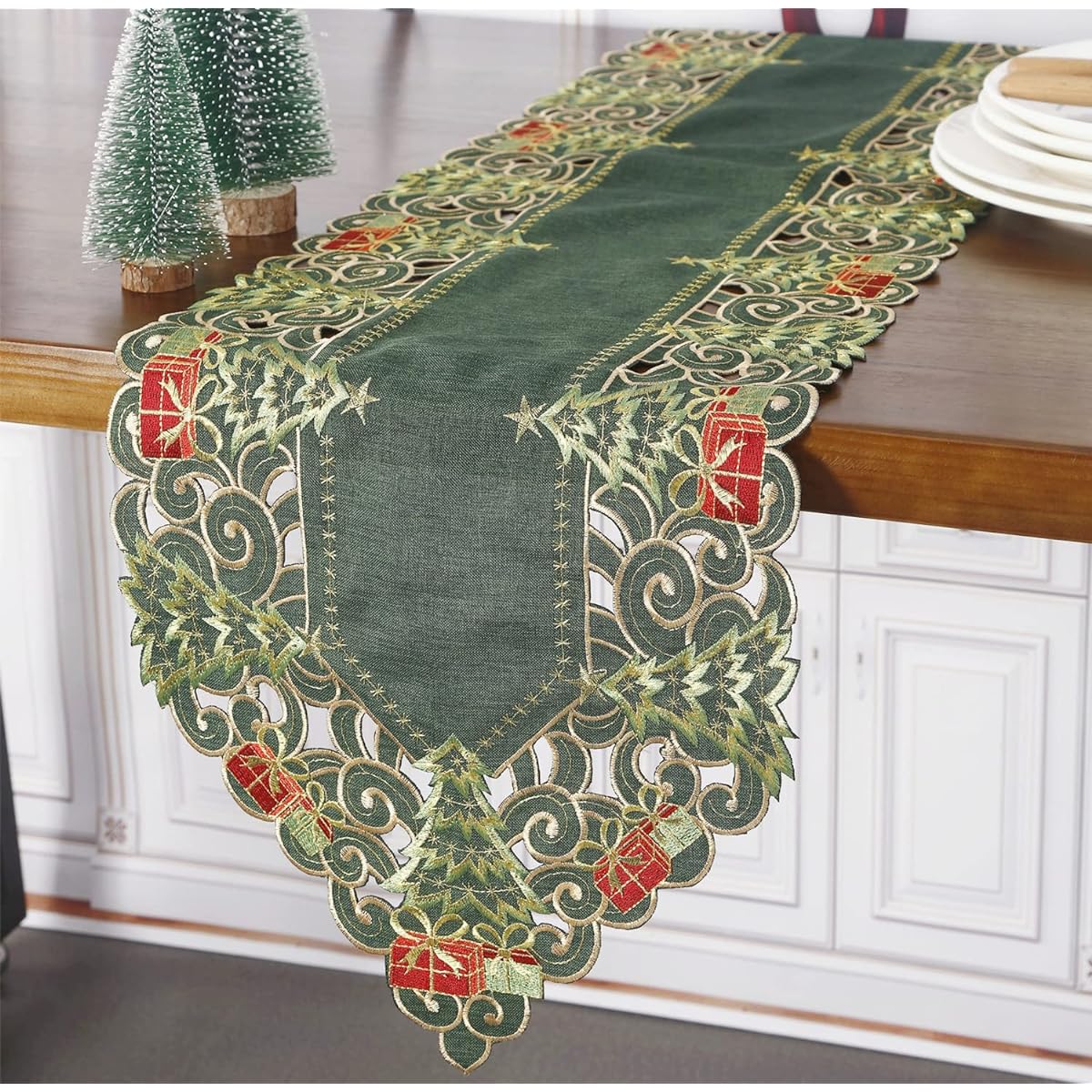 GRANDDECO Christmas Holiday Table Runner, Small Embroidered Christmas Holiday Holly Tree Festive Winter Table Runner for Family/Christmas/Dinner/Party/Table Decorations, 13x54 Inch