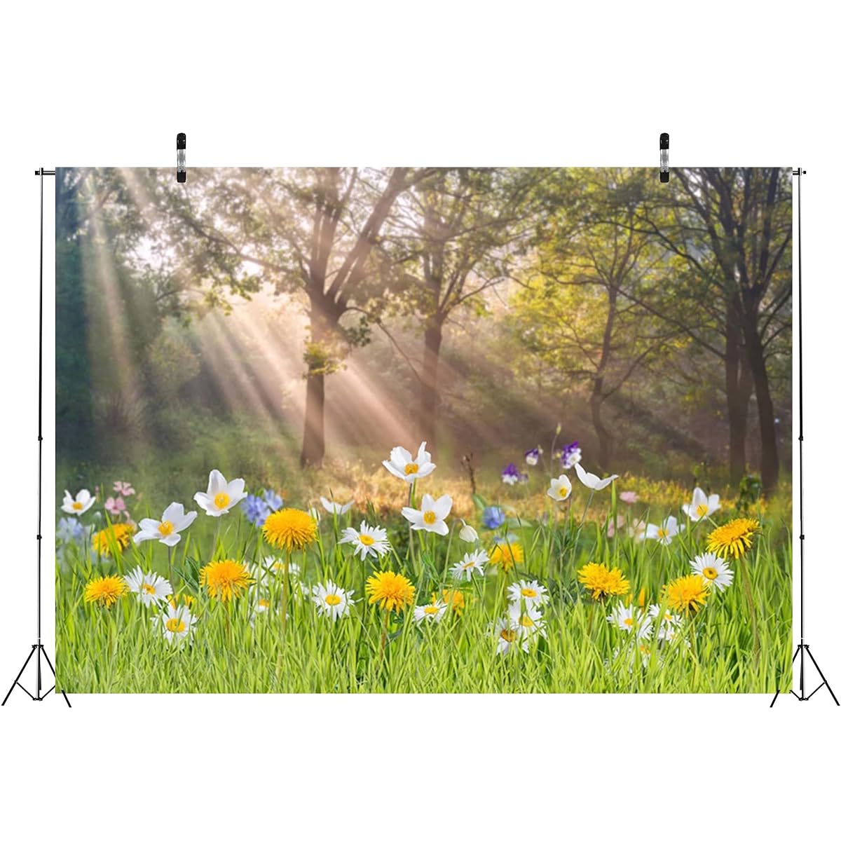 CORFOTO Fabric 5x4ft Spring Backdrop Theme Photography Grassland Trees Yellow Flowers Background Nature Scenery Wedding Photoshoot Adult Birthday Party Valentine's Day Bedroom Decor Poster