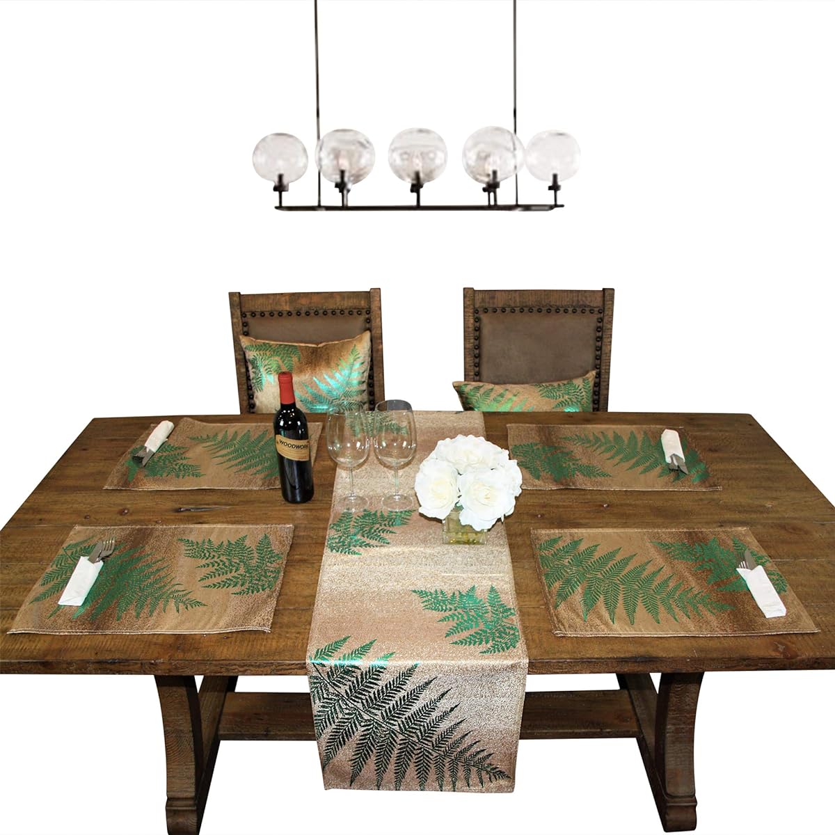 Custom Made Metallic Yarn Gold Green Table Runner - 14" x 108" Gold Table Runner for Dining Table - Modern Foil Leaf Design - Perfect for Holiday, Home Decor (108" Table Runner, Green/Gold)