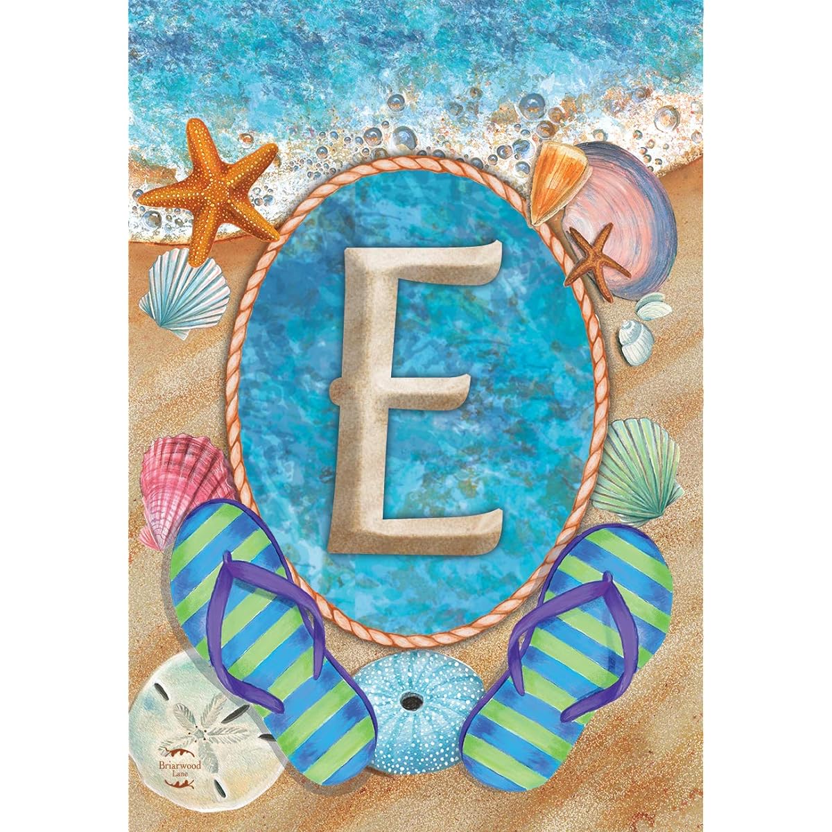 Summer Monogram Letter E Garden Flag Flip Flops Seashells 12.5" x 18"