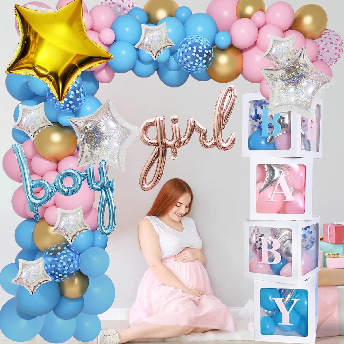 125pcs Baby Boxes Gender Reveal Decorations Pink and Blue Balloon Garland Arch Kit Letter DIY Baby Boxes with Balloons Birthday Decorations Boy or Girl Gender Reveal Party Supplies