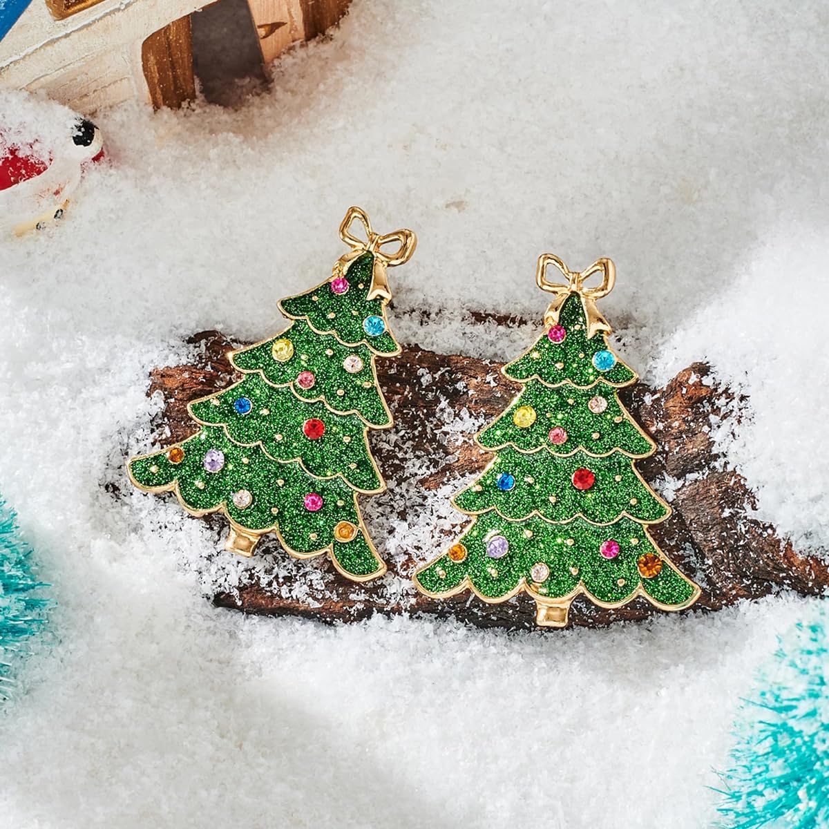 Christmas Tree Earrings for Women Drop Stud Earrings Cute Bling Christmas Festival Party Costume Jewelry Gift Ideas, Brass, No Gems