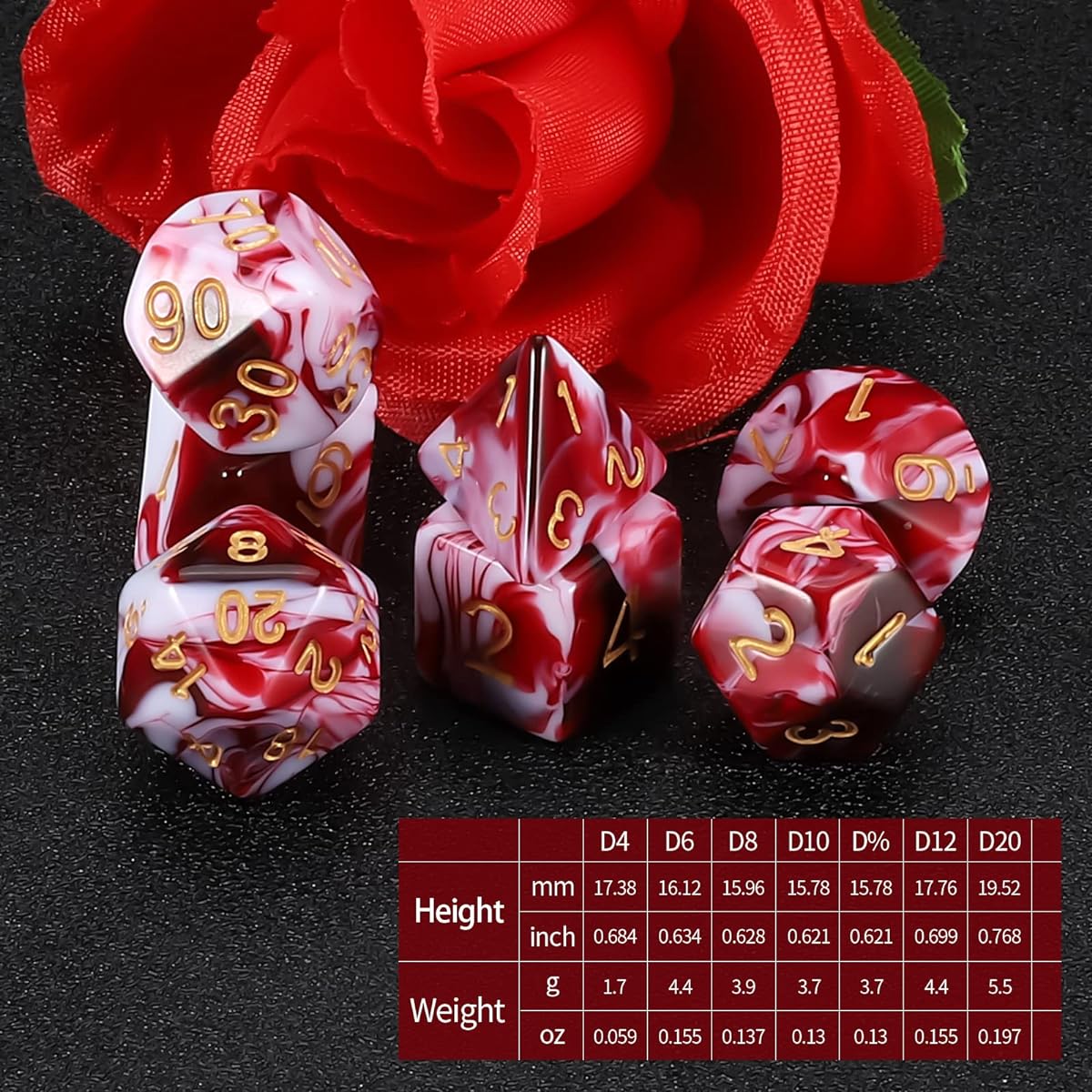 QMAY DND Dice Set D&D Polyhedral Dice (7pcs) for Dungeons & Dragons (Blood Red and White)