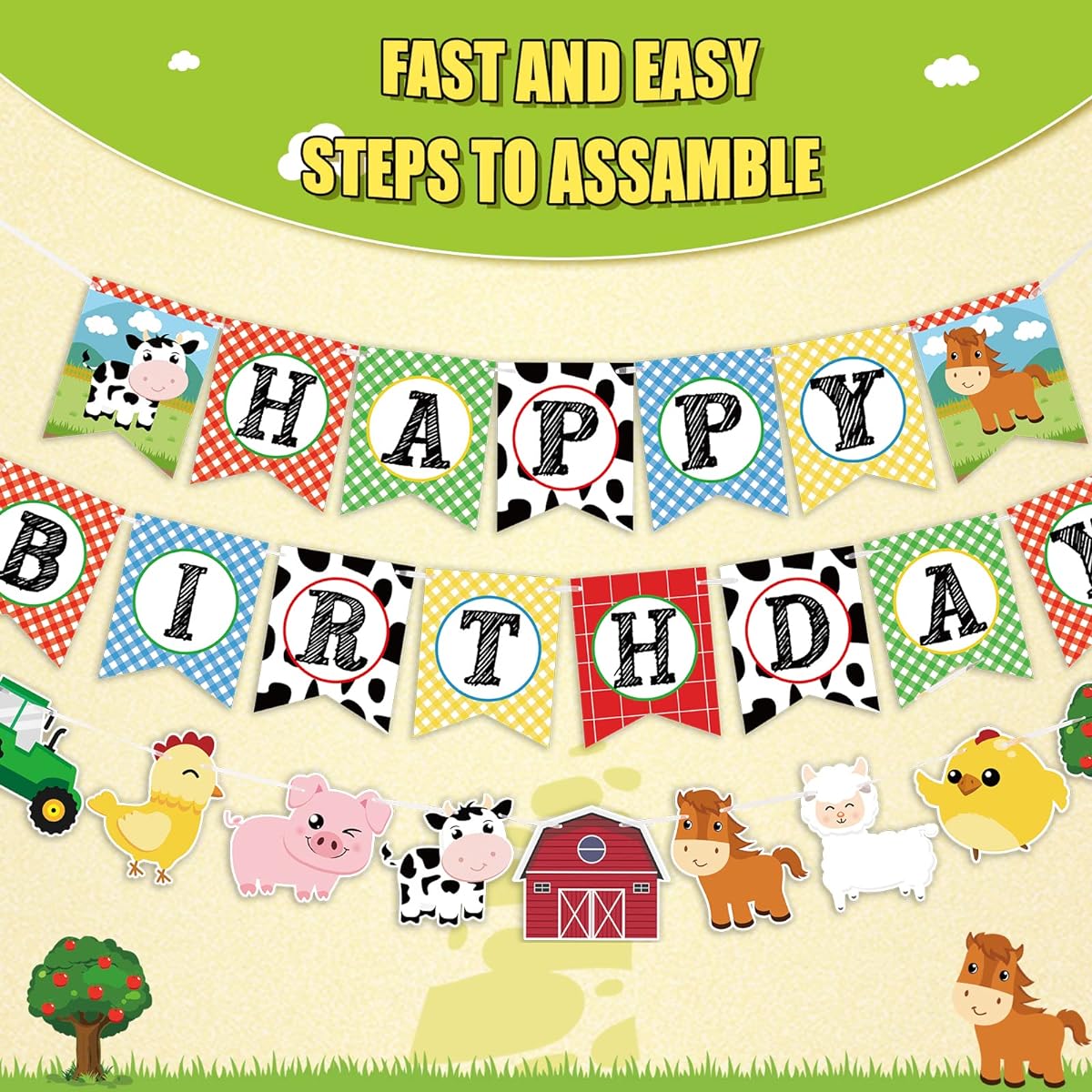 WERNNSAI Farm Animals Birthday Banner - Happy Birthday Banner Tractor Barn Yard Hanging Banner Garland for Kids Boys Girls Farm Theme Party Decorations Supplies