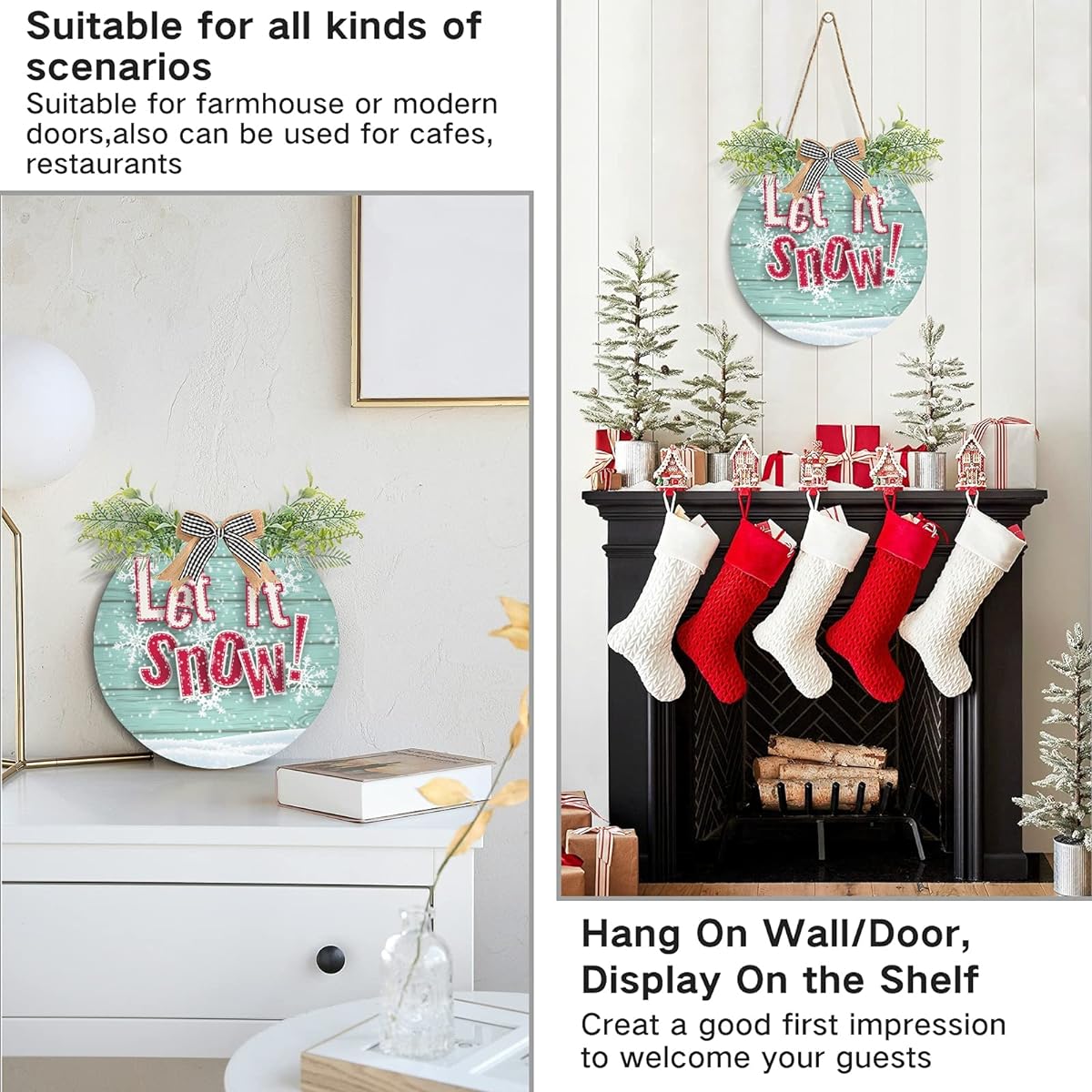 Let It Snow Wreath Door Hanger with Plaid Ribbon Winter Christmas Round Door Sign 12 Inch Wreath Porch Outdoor Decoration Housewarming Gift