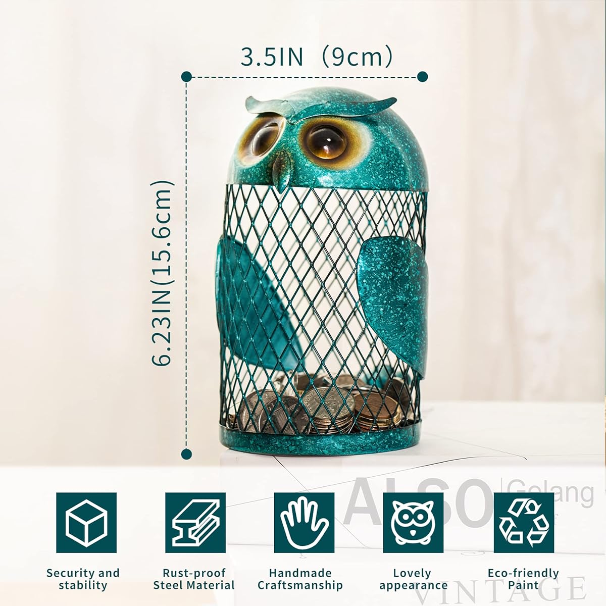 LEYON Owl Coin Box Piggy Bank for Adults Kids Iron Animal Art Handcraft Birthday Christmas Memorial Day Baby Shower Home Decoration Ornament (Blue)
