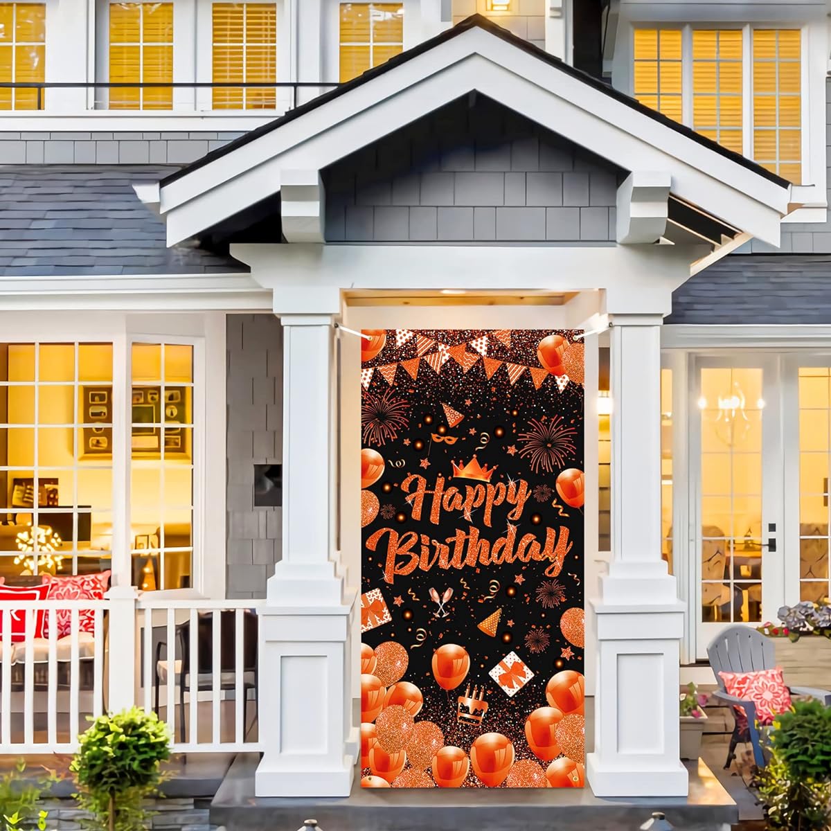 Orange Birthday Party Banner Decorations Large Orange Black Happy Birthday Door Cover Backdrop Sign Party Supplies Women Men Birthday Photo Booth Backdrop Front Door Supplies 73 x 36 inches