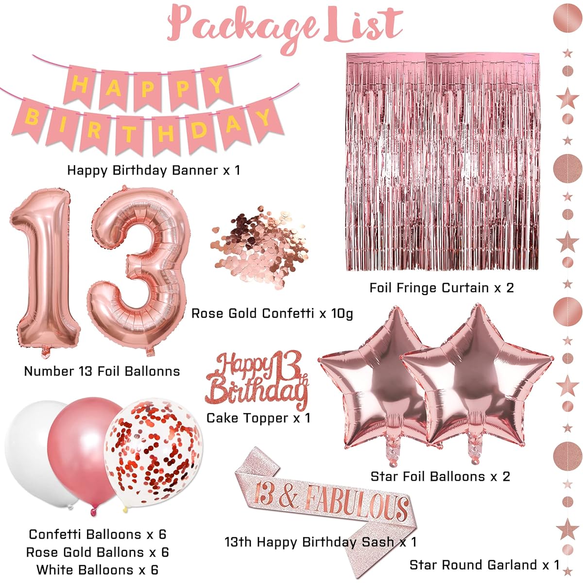 29pcs Rose Gold 13th Birthday Decorations for Girls, Happy Birthday Decorations Set, 13th Birthday Foil Balloons, Sash Fabulous, Cake Topper, Fringe Curtains, Home Indoor Party Supplies