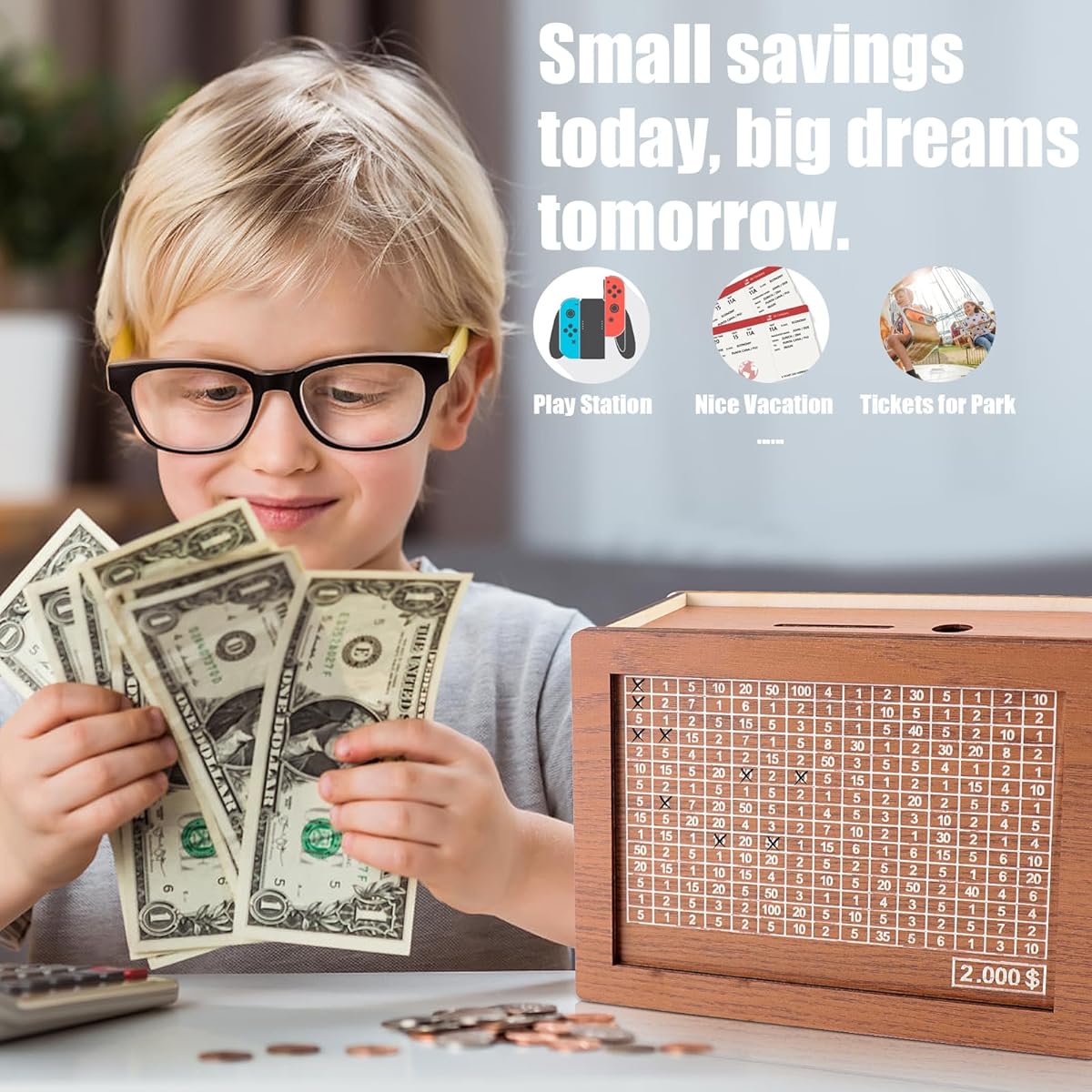 Wooden Piggy Bank Money Box Countdown Money Box with 2000 Dollar Target with Money Target and Numbers for Boys and Girls (2000USD)