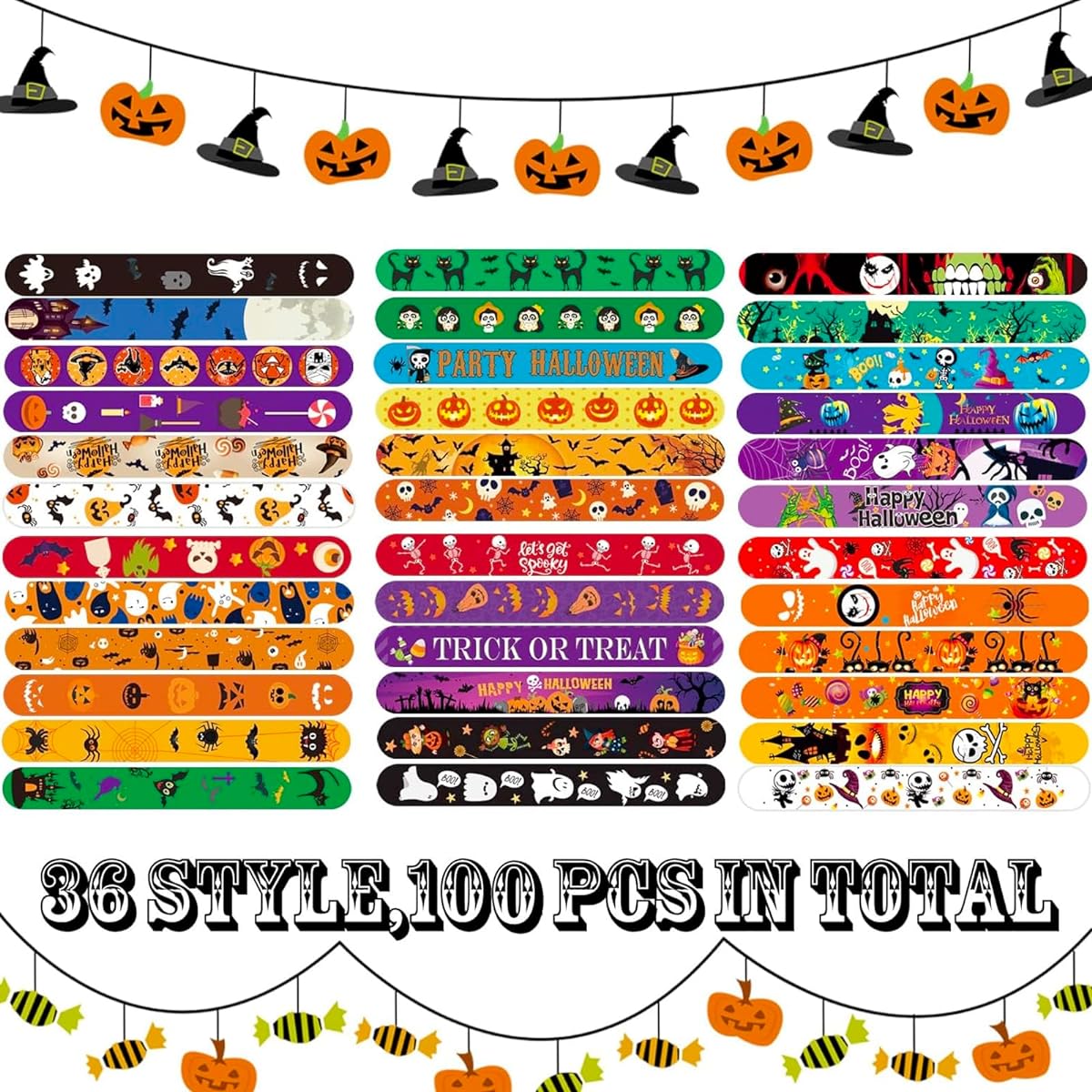 Halloween Slap Bracelets, 108 Pieces Slap Bracelets Wristbands with Spider Pumpkin Ghost Zombie Bat Witch Designs Snap Bracelets for Kids Party Favors Toys Giveaways Pinata Goodie Bag Filler, Plastic