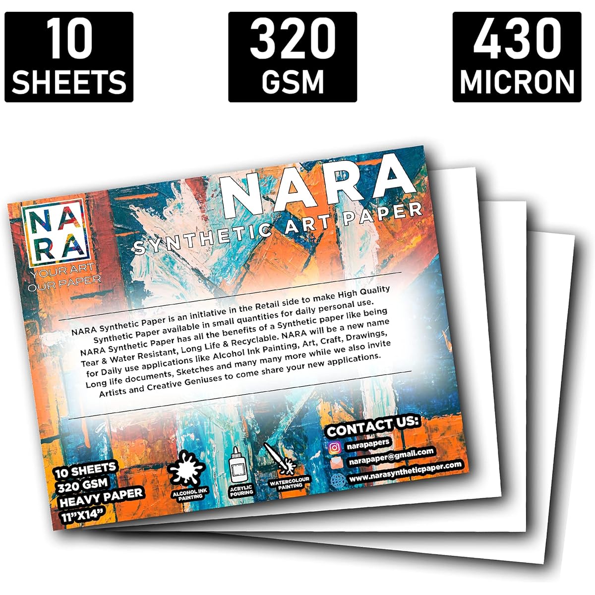NARA | Alcohol Ink Paper | Paper for Alcohol Ink Painting | 11" x 14" (11" x 14") | 430 Micron/320GSM | Heavy Paper | 10 Sheets | 100% Stain Free
