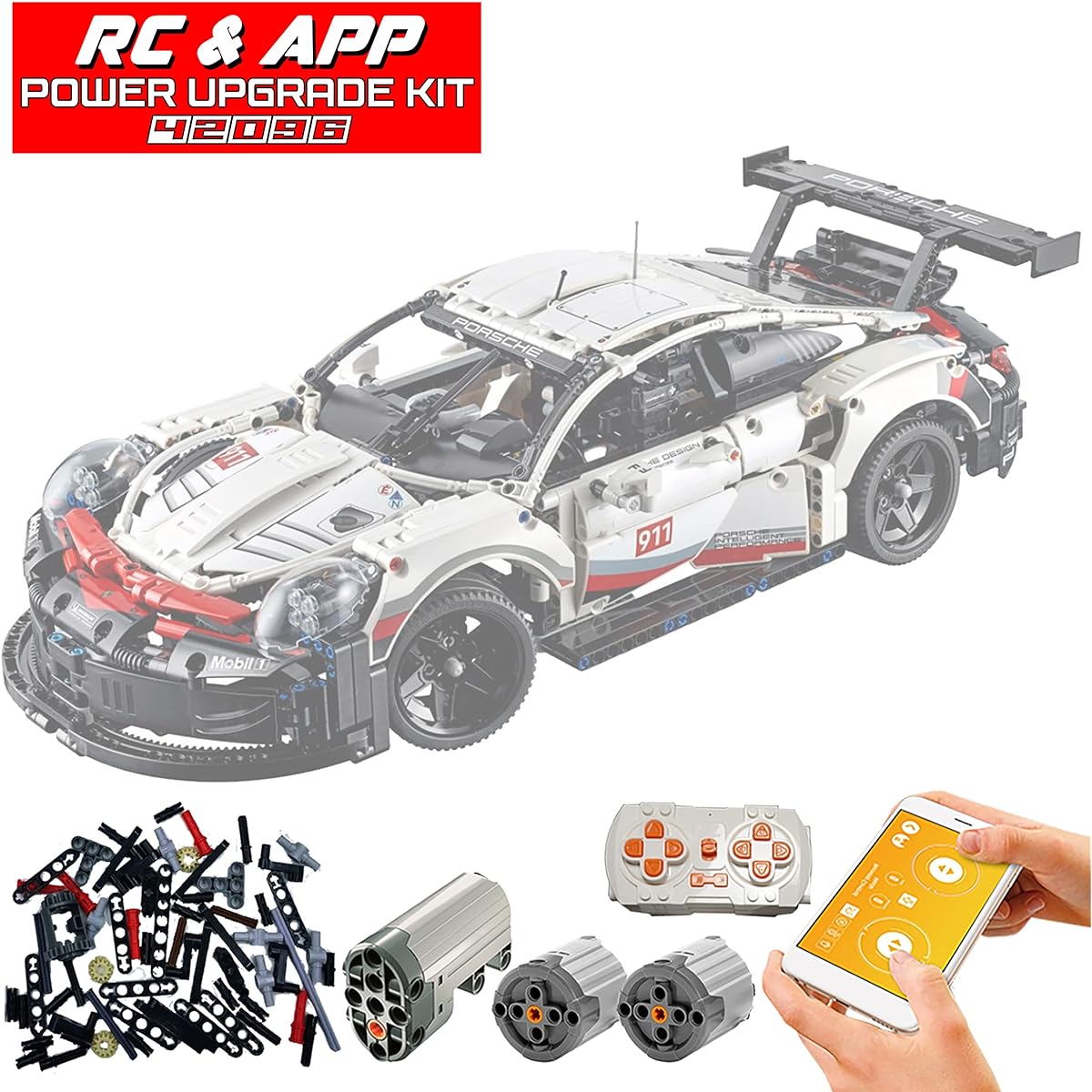 Electric driving modification kit compatible with Lego Technic Porsche 911 RSR 42096 model can be controlled by remote control or mobile app. Evolve your Lego bricks into an automatic car (not a Lego toy, just modified parts)