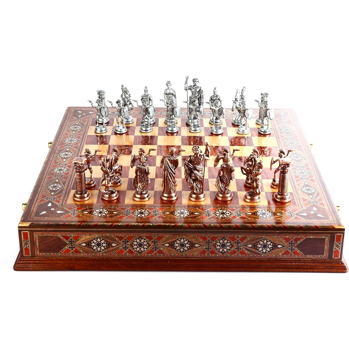 GiftHome Metal Chess Set for Adults, Historical Antique Copper Roman Figures, Handmade Pieces and Natural Solid Wood Chess Board, Original Pearls and Storage Around the Board, King 4 inc