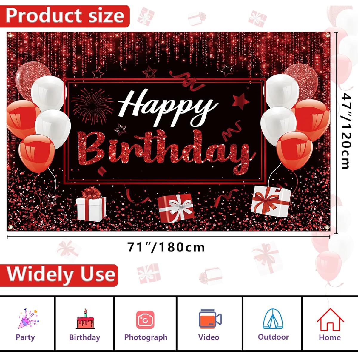 Happy Birthday Backdrop Banner Black Red Glitter Birthday Party Backdrop Sign Red Birthday Party Decorations Photo Background for Women Girls Men Birthday Party Supplies 71 x 47 Inch