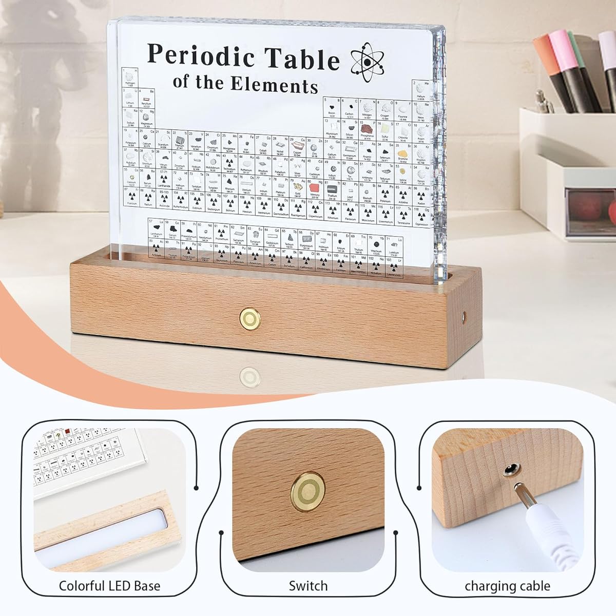 Aichong Periodic Table with Real Elements, Acrylic Periodic Table Display with 83 Real Samples and Colorful LED Light Base, Great Gift for Teachers, Students and Kids