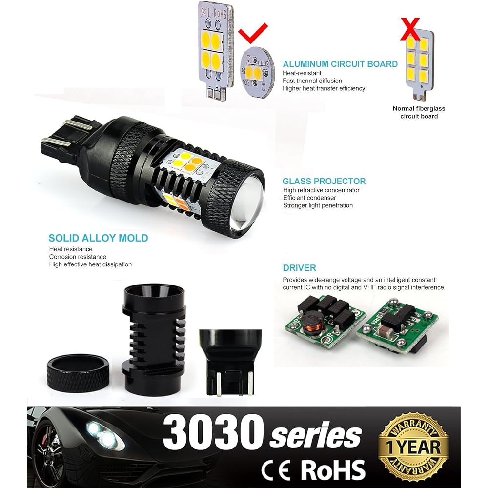 JDM ASTAR Super Bright 3030 Chipset White/Yellow 7443 7444 Switchback LED Bulb with Projector for Turn Signal Light