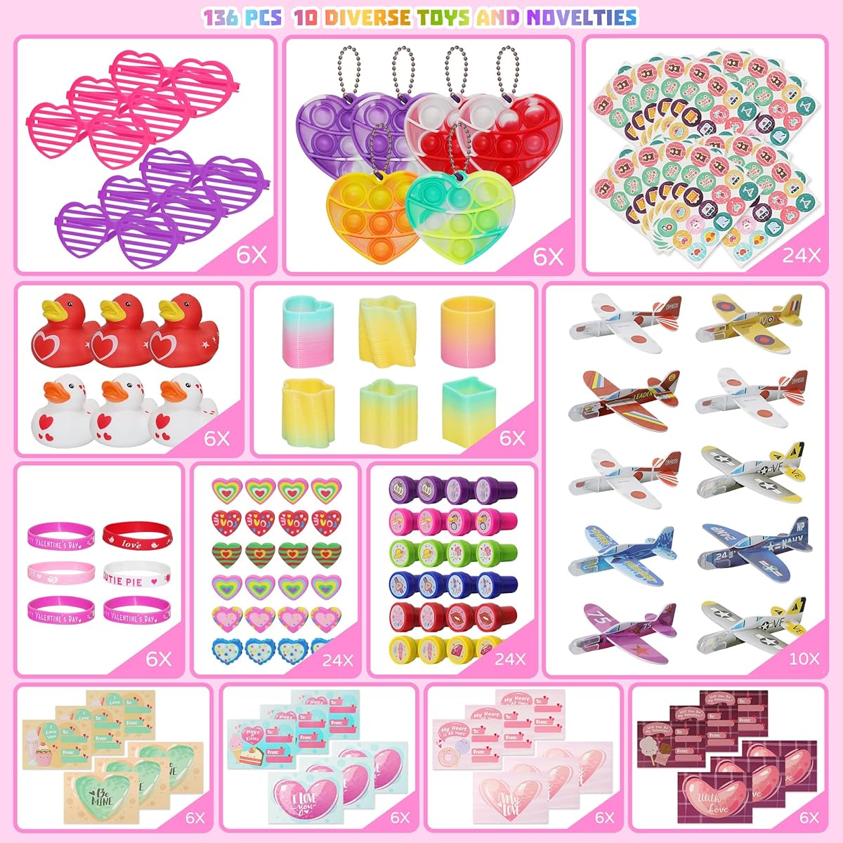 Lulu Home 136 Pieces Valentine's Day Party Favors for Kids - Assortment of Novelty Toys including Heart-Shaped Glasses, Rubber Ducks, Erasers, Slinkys, Bracelets, Stamps, and More for Classroom Prizes and Gift Exchanges